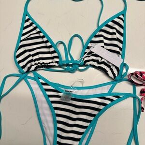 Striped Black and White Bikini with Teal Accents